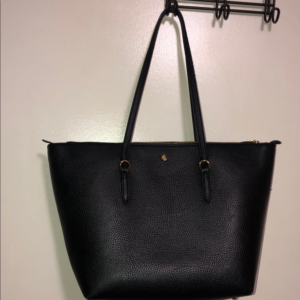 Ralph Lauren Black Pebbled Leather Tote with Gold Accents